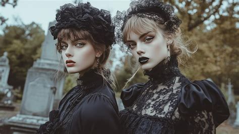 Gothic Fashion Models in Cemetery Dark Victorian Aesthetic Outdoors ...