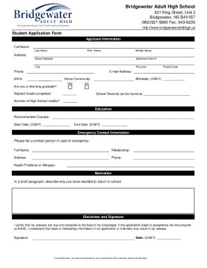 Fillable Online Bridgewater Adult High School Application Form Fax