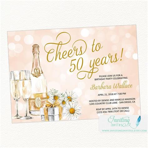 Champagne Birthday Party Invitation, Champagne Theme , Cheers to 50 Years 21st, 30th, 40th, 50th ...