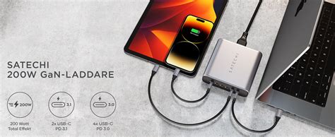 Satechi 200w Gan Laddare Med 6 Portar Usb C 2x Usb C Pd 3 1 140w