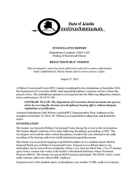 Investigative Report Complaint A2014 1425 AK Ombudsman 2015