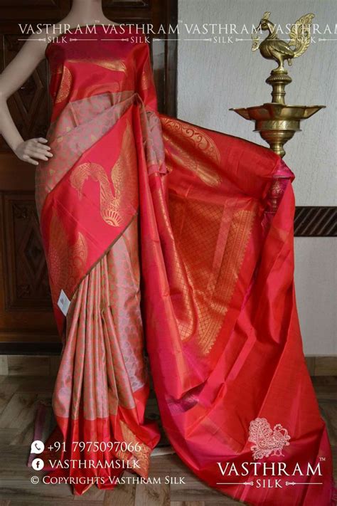 Pure Kanchivaram Silk Saree Peachish Pink Colour With Zari And Thread