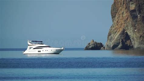 Aerial Yacht On Calm Sea Luxury Cruise Trip View From Above Of White