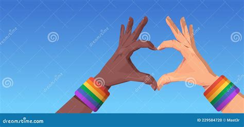 Mix Race Human Hands Gesture In Heart Shape Lgbt Rainbow Flag Gay