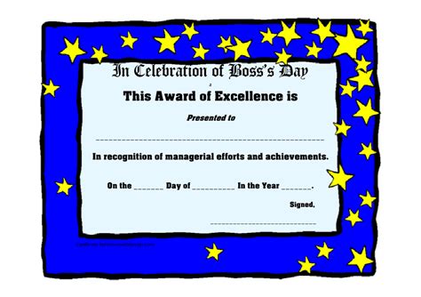 Boss's Day Award Certificate Template - Blue Download Printable PDF ...