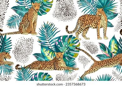 Seamless Pattern Leopards Jaguars Cheetahs Predator Stock Vector