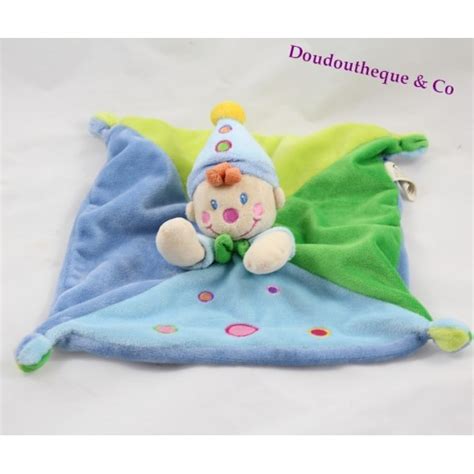 Doudou Plat Lutin Clown Nicotoy Gar On Vert Et Bleu Ronds Rose C