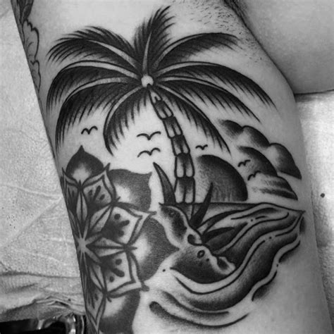 Simple designed black ink tropical island shore tattoo on arm ...