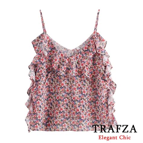 TRAFZA Vintage Prairie Chic Flower Print Women Tops Backless Sleeveless