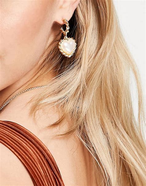 Designb London Pearl Heart Drop Earrings In Gold Asos