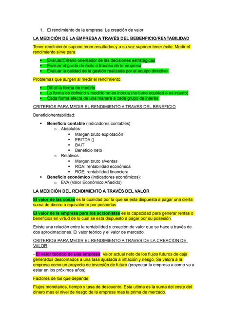 Resumen Tema 2 DEPE El rendimiento de la empresa La creación de