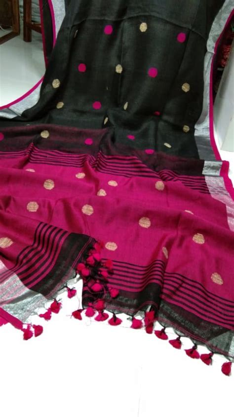 Black And Pink Pallu Linen Jamdani Buti Saree Loomfolks