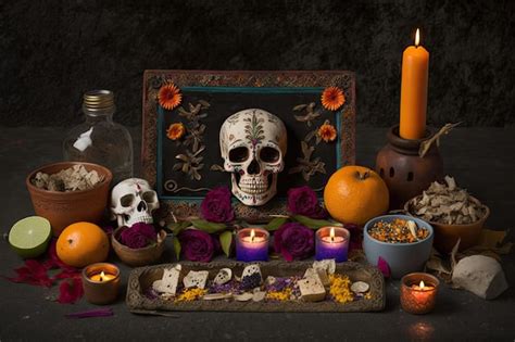 Premium AI Image | Day of the dead altar with offerings and candles to ...