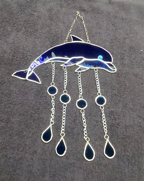 Dolphin Stained Glass Suncatcher With Water Drops Blue Etsy