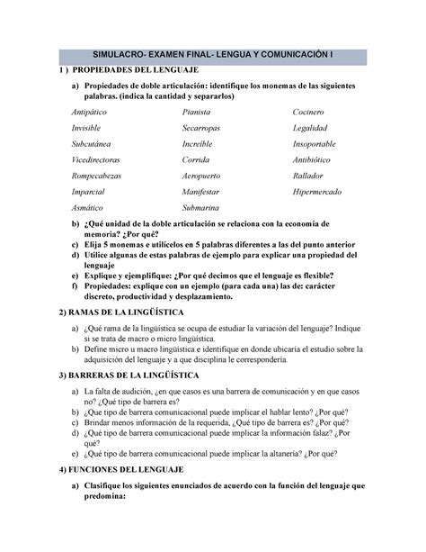 Simulacro Final SIMULACRO EXAMEN FINAL LENGUA Y COMUNICACIÓN I 1