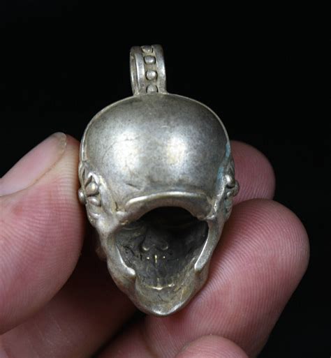 Cm Rare Old China Miao Silver Feng Shui Skeleton Skull Head Pendant