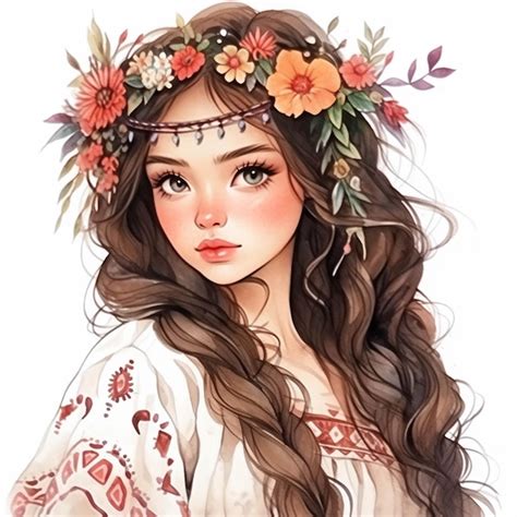 Premium AI Image A Drawing Of A Girl With Long Hair Wearing A Flower