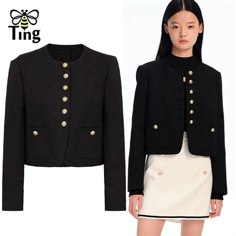 Tingfly Women Fashion Black Color Single Breasted Short Style Tweed