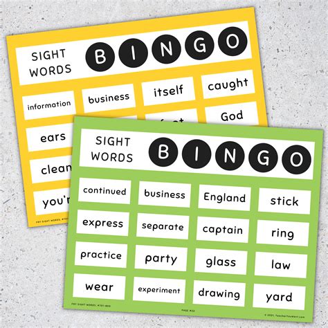 Sight Words Bingo Cards 8th 100 Fry Sight Words Fun Activities Made