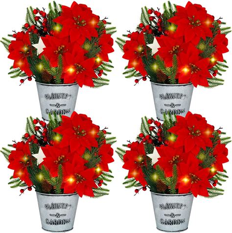 Ceenna 4 Pcs Potted Faux Poinsettia And Christmas Balls