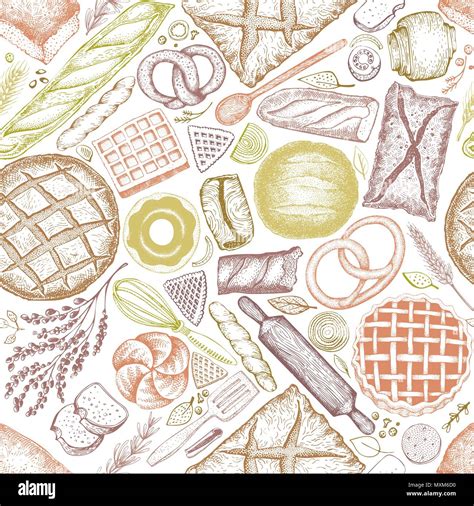 Bakery Top View Background Hand Drawn Vector Seamless Pattern With