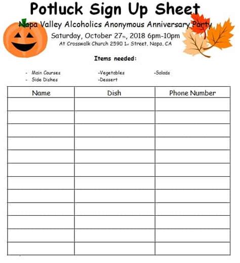 Free Printable Thanksgiving Potluck Sign Up Sheet