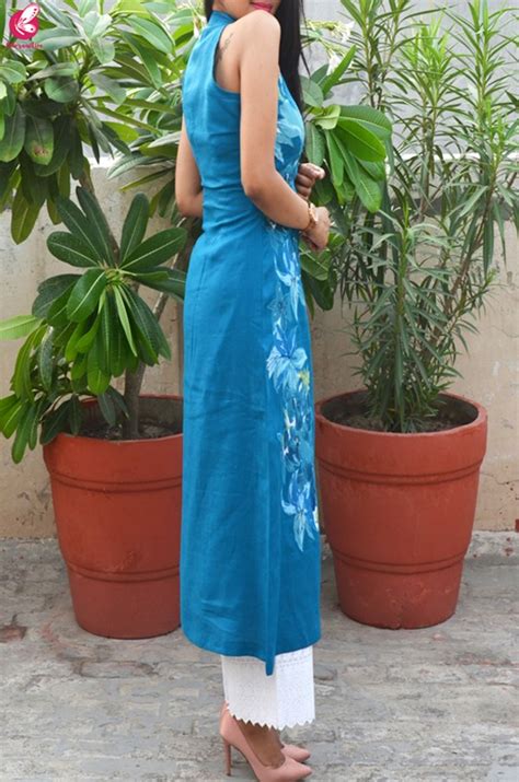 Buy Sky Blue Pure Linen Patch Work Kurti Online In India Colorauction