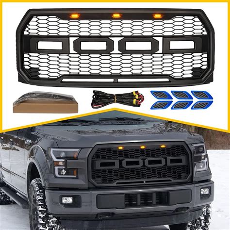 Matte Black Grille Replacement Crossbar And Amber Led Lights Included Raptor Style Grill Front