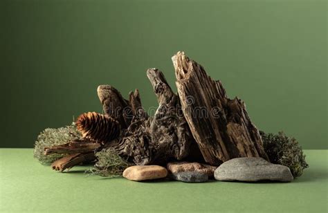 Abstract Nature Scene With A Composition Of Moss Stones And Dry Snags