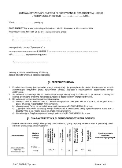 Umowa Sprzeda Y Energii Elektrycznej I Wiadczenia Us Ug