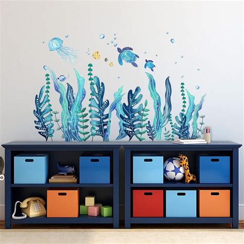 5 Sheets 3d Under The Sea Seaweed Wall Decals Turtles Stickers Blue Ebay