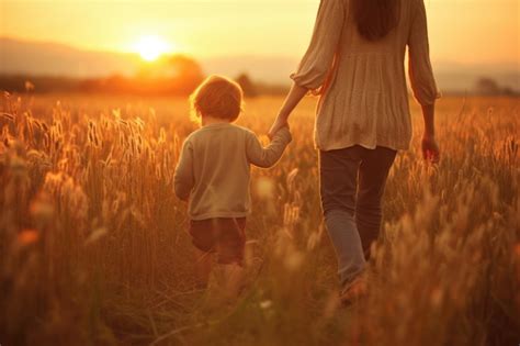 Mãe e filho de mãos dadas andando em um lindo campo de pôr do sol