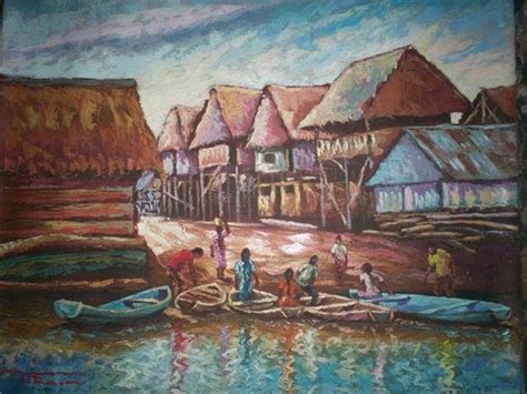 Lukisan Pemandangan Kampung Nelayan Waktu Senja Bali Village Painting