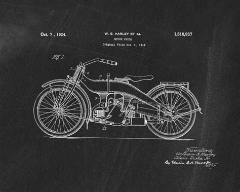 Harley Motorcycle 1924 Original Patent Print Blueprint Drawing Vintage