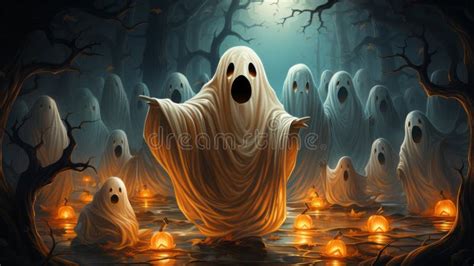 A Group Of Ghosts In A Forest Stock Illustration Illustration Of