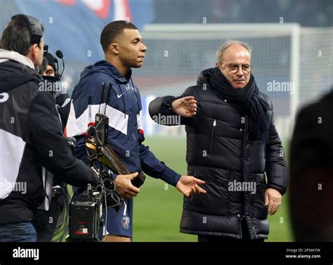 Kylian Mbappe Of PSG Receives A Trophy Celebrating His 201st Goal For