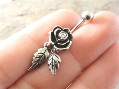 Rose Flower Belly Button Jewelry Ring With Dangling Leaves Belly