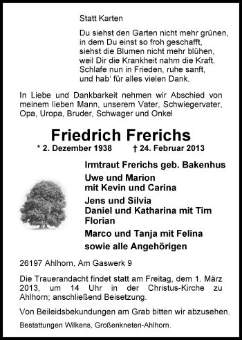 Traueranzeigen Von Friedrich Frerichs Nordwest Trauer De