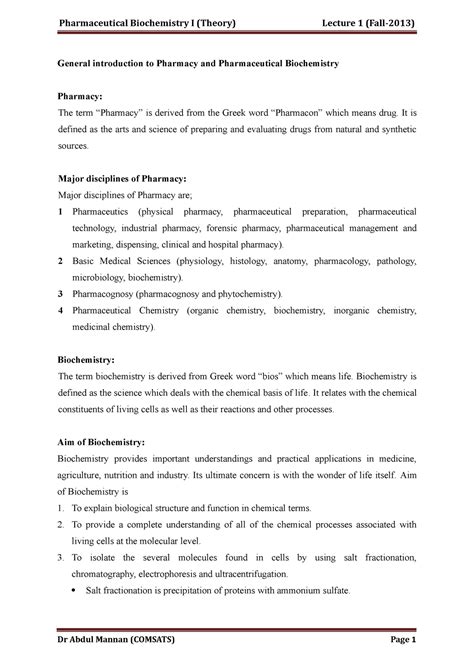 Lecture No 1 Lec Pharmaceutical Biochemistry I Theory Lecture 1