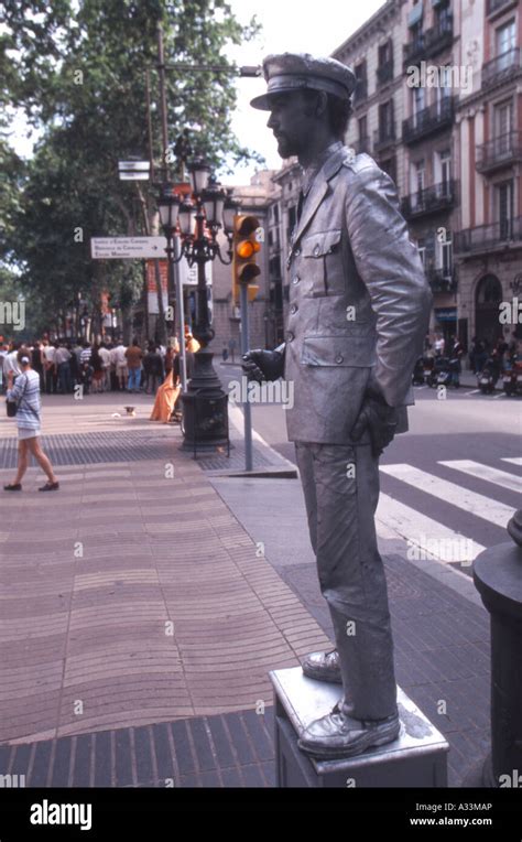 Human Statue On The Las Ramblas Boulevard Barcelona Spain Stock Photo