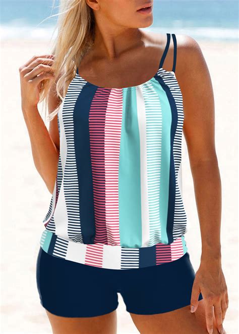 ROTITA Navy Double Straps Striped Tankini Top Rotita USD 27 98