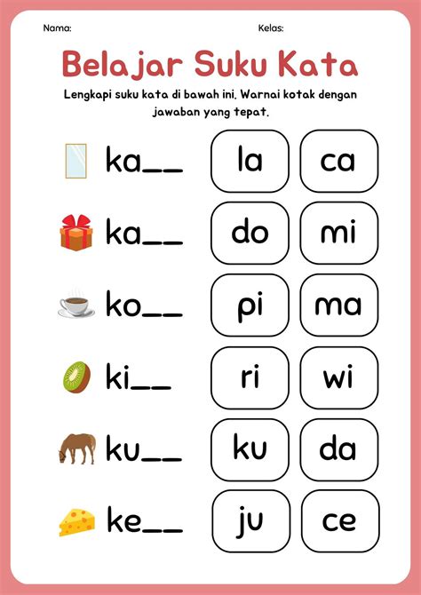 Berwarna Belajar Suku Kata Lembar Kerja Bahasa Indonesia Templates By