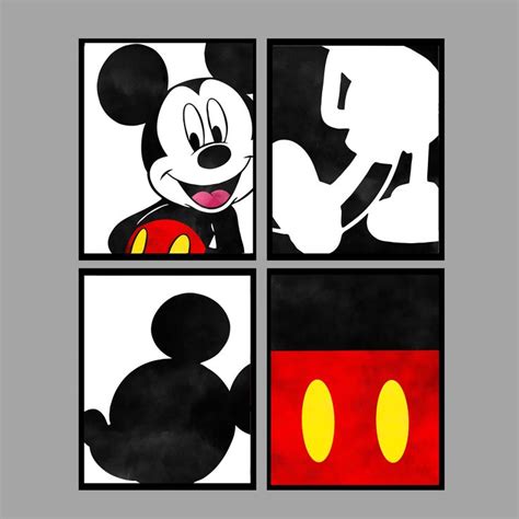 The Mickey Mouse Wall Art Is Shown In Black And White With Four