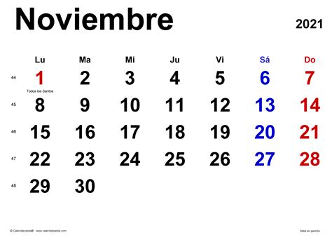 Calendario Del Mes De Noviembre 2021