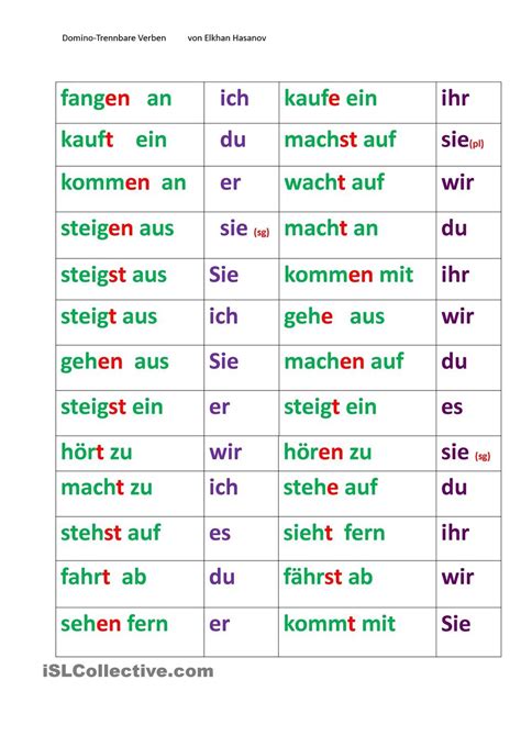 Trennbare Verben Domino Deutsch Lernen Lernen Deutsche Grammatik