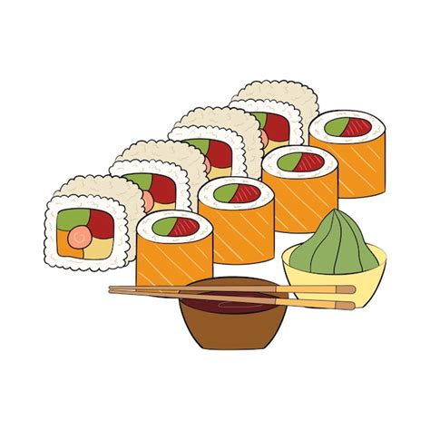 Premium Vector Sushi Set With Salmon Sauce Wasabi And Chopsticks