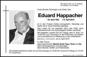 Traueranzeigen Von Eduard Happacher Trauer Bz