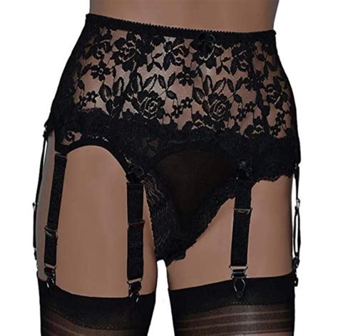 Black Women Lace Garters Seamless Panties Garter Belt 6 Wide Straps