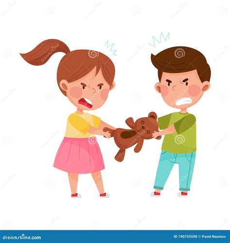 Hostile Kids With Angry Grimace Fighting Over Toys And Quarreling Vector Illustration Set ...