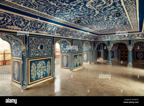 City Palace Jaipur Rajasthan. View of Royal palace hallway with wall ...